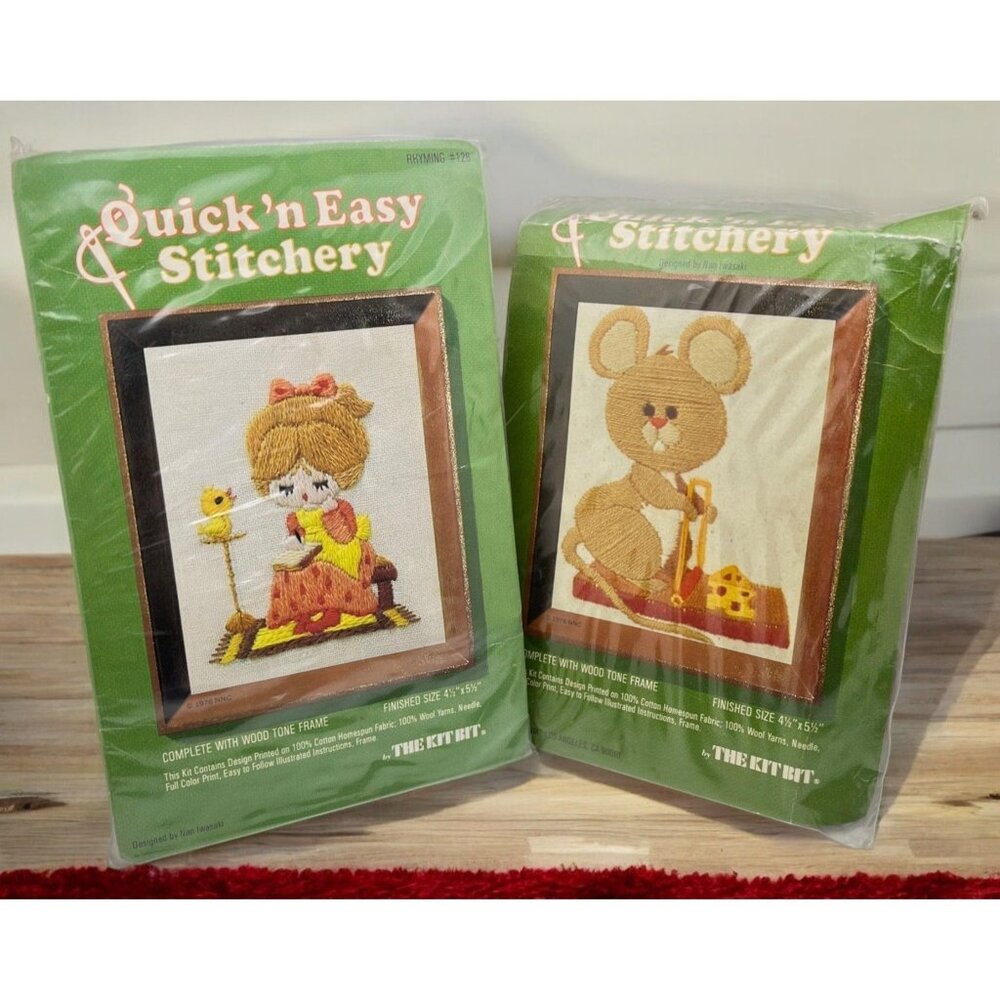 70s Quick n Easy Crewel Stitchery Kits Rhyming and Caught in the Act by Kit Bit